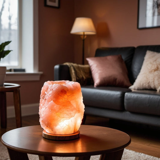 A Himalayan Salt Lamp, placed on a coffee table